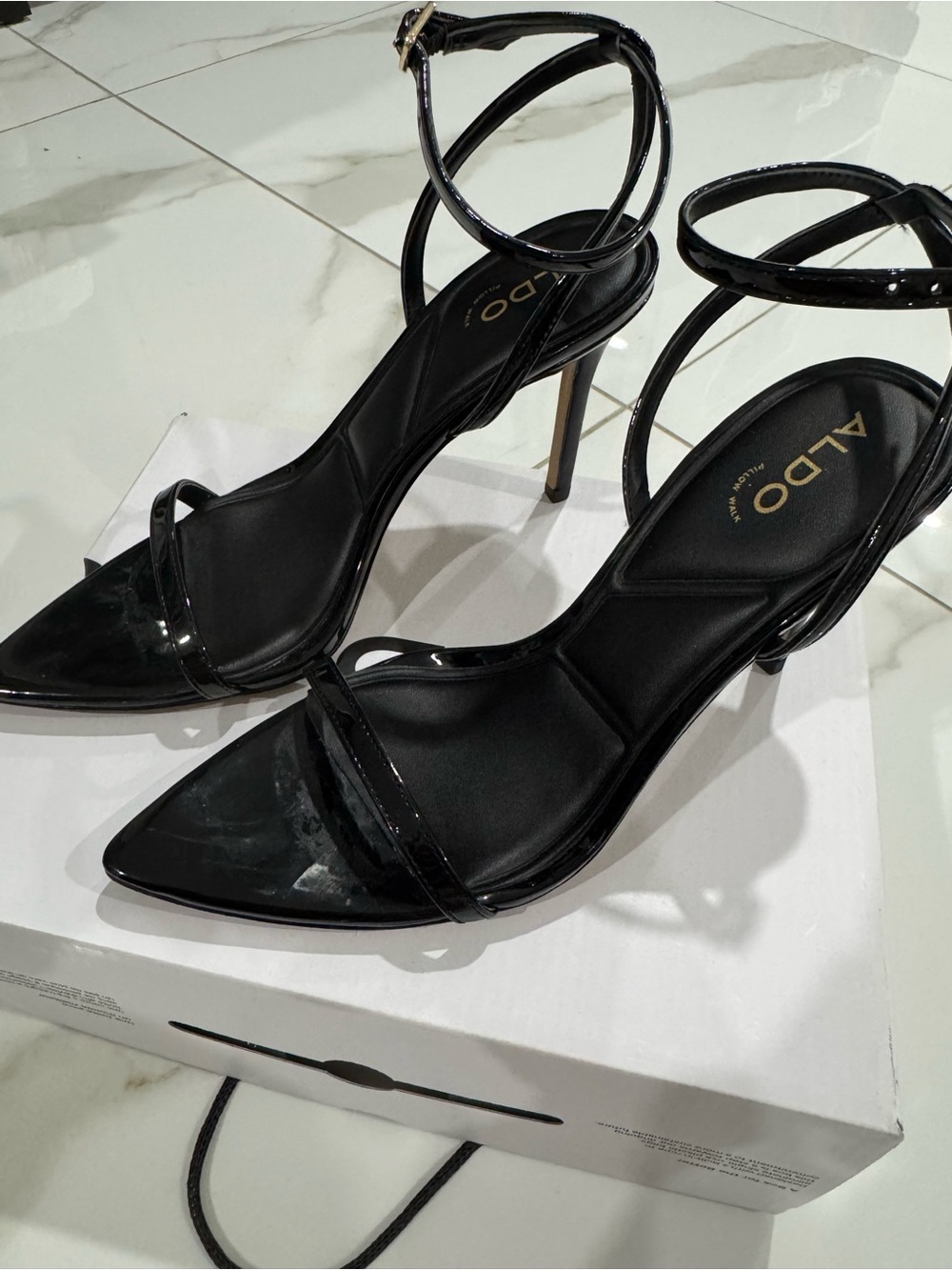 Aldo Black Patent Pointed-Toe Stiletto Ankle-Strap Heels